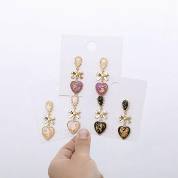 Kaze Resin Heart-Shaped Bow Earrings | Cow Print Stud Earrings with 925 Silver Needle