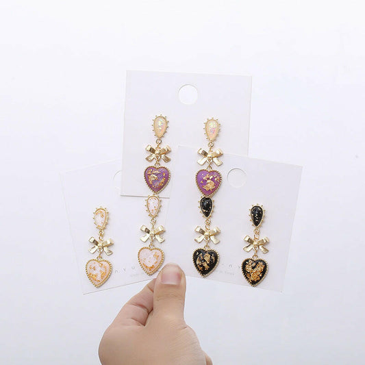 Kaze Resin Heart-Shaped Bow Earrings | Cow Print Stud Earrings with 925 Silver Needle