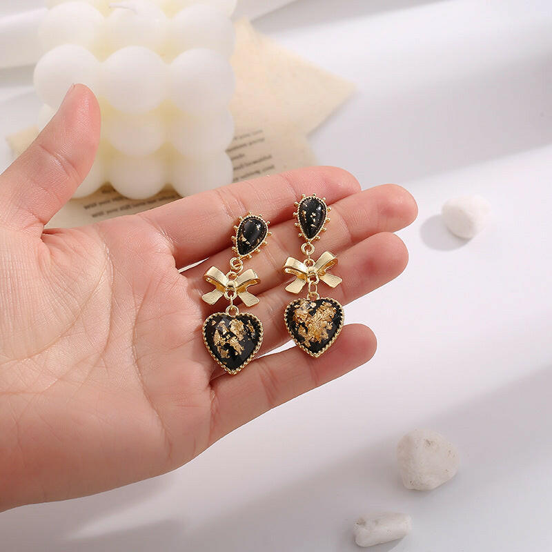Kaze Resin Heart-Shaped Bow Earrings | Cow Print Stud Earrings with 925 Silver Needle