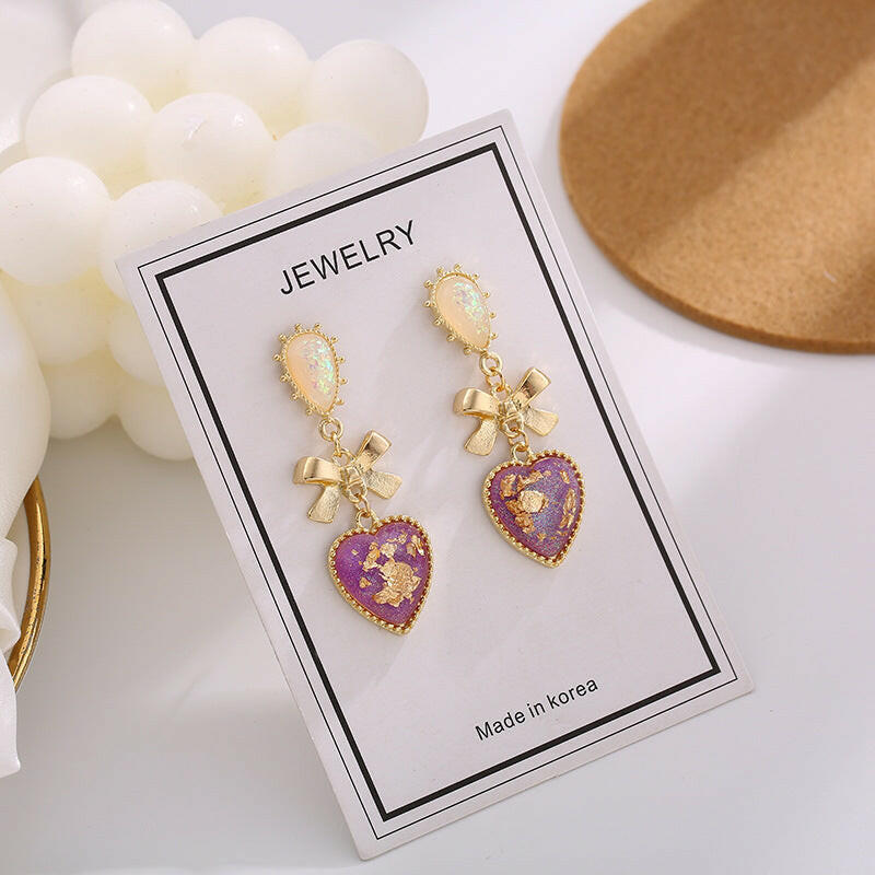 Kaze Resin Heart-Shaped Bow Earrings | Cow Print Stud Earrings with 925 Silver Needle Color s925 silver needle