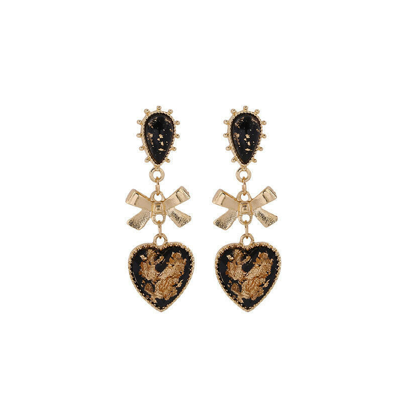 Kaze Resin Heart-Shaped Bow Earrings | Cow Print Stud Earrings with 925 Silver Needle Black s925 silver needle