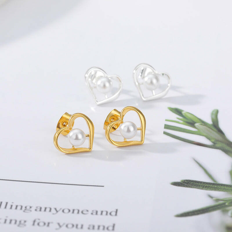 Kaze Pearl Heart Stainless Steel Earrings | Romantic Pearl Stud Earrings in Silver &amp; Gold