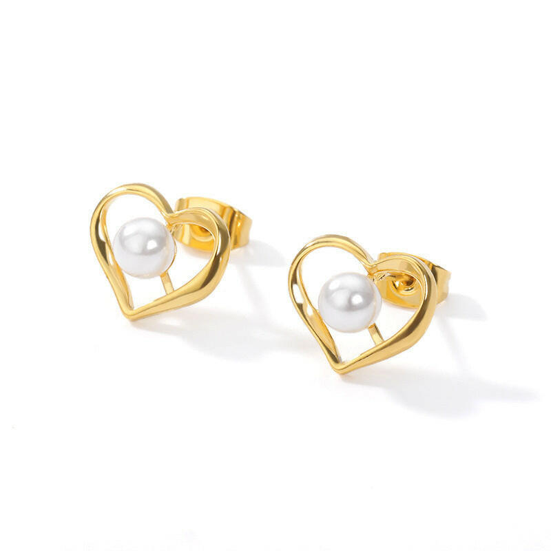 Kaze Pearl Heart Stainless Steel Earrings | Romantic Pearl Stud Earrings in Silver &amp; Gold