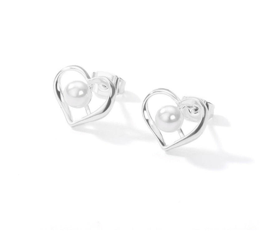 Kaze Pearl Heart Stainless Steel Earrings | Romantic Pearl Stud Earrings in Silver &amp; Gold Silver