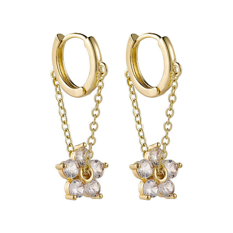 Kaze Floral Zircon Drop Chain Earrings | Gold Flower Crystal Chain Earrings Golden