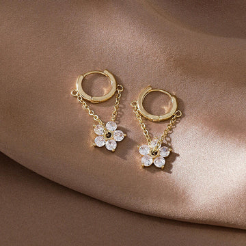 Kaze Floral Zircon Drop Chain Earrings | Gold Flower Crystal Chain Earrings