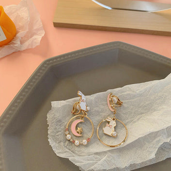 Kaze Silver Needle Pearl Animal Charm Earrings for Girls | Cute Animal Stud &amp; Clip Earrings in 3 Styles Ear clip
