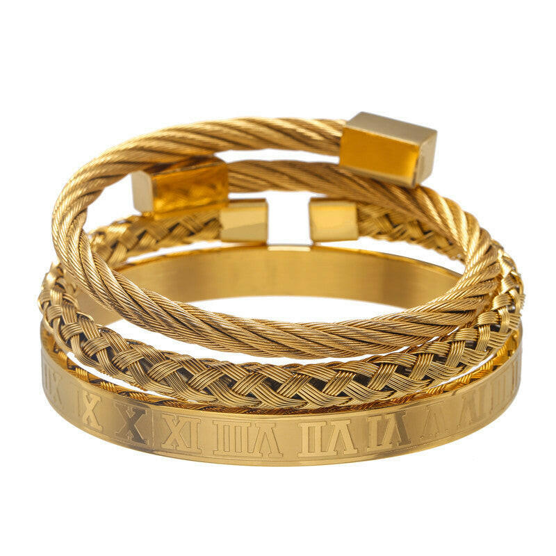 Kaze Set of 3 Unisex Geometric Stainless Steel Bracelets | Gold, Silver &amp; Black Stacking Bracelet Set Gold