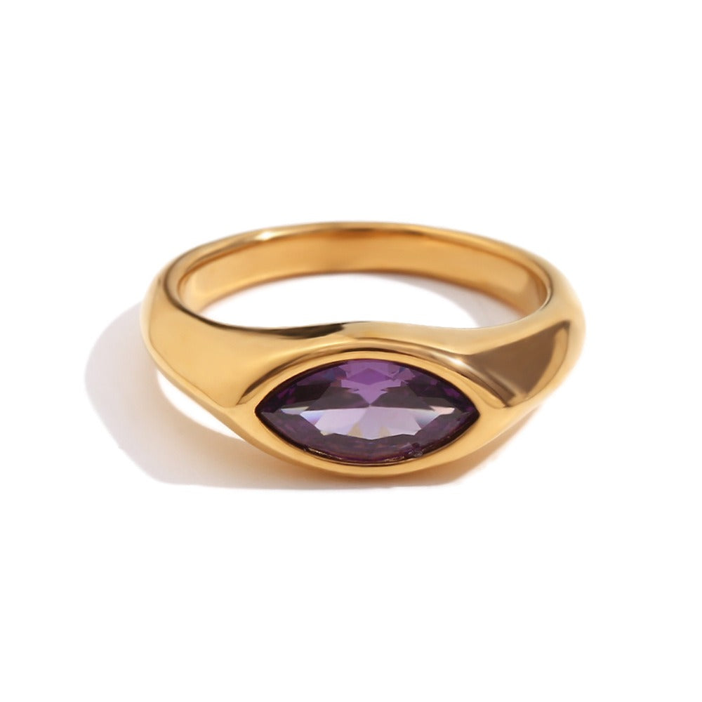 Kaze 18K Gold Marquise-Cut Zircon Vintage Signet Ring | Titanium Steel Ring in 4 Styles Sizes 5–9 US Ring A