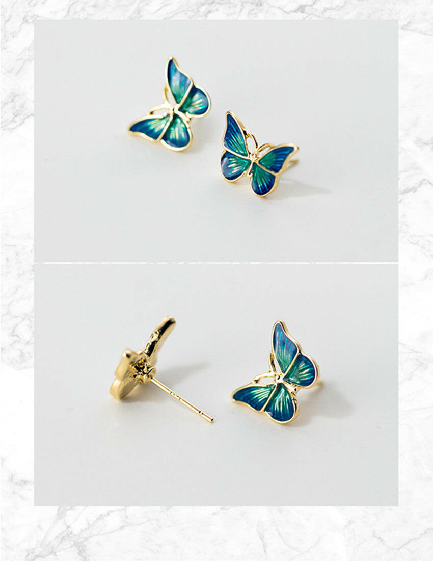 Kaze 925 Sterling Silver Blue Butterfly Stud Earrings | Hypoallergenic Butterfly Earrings in Green &amp; Blue