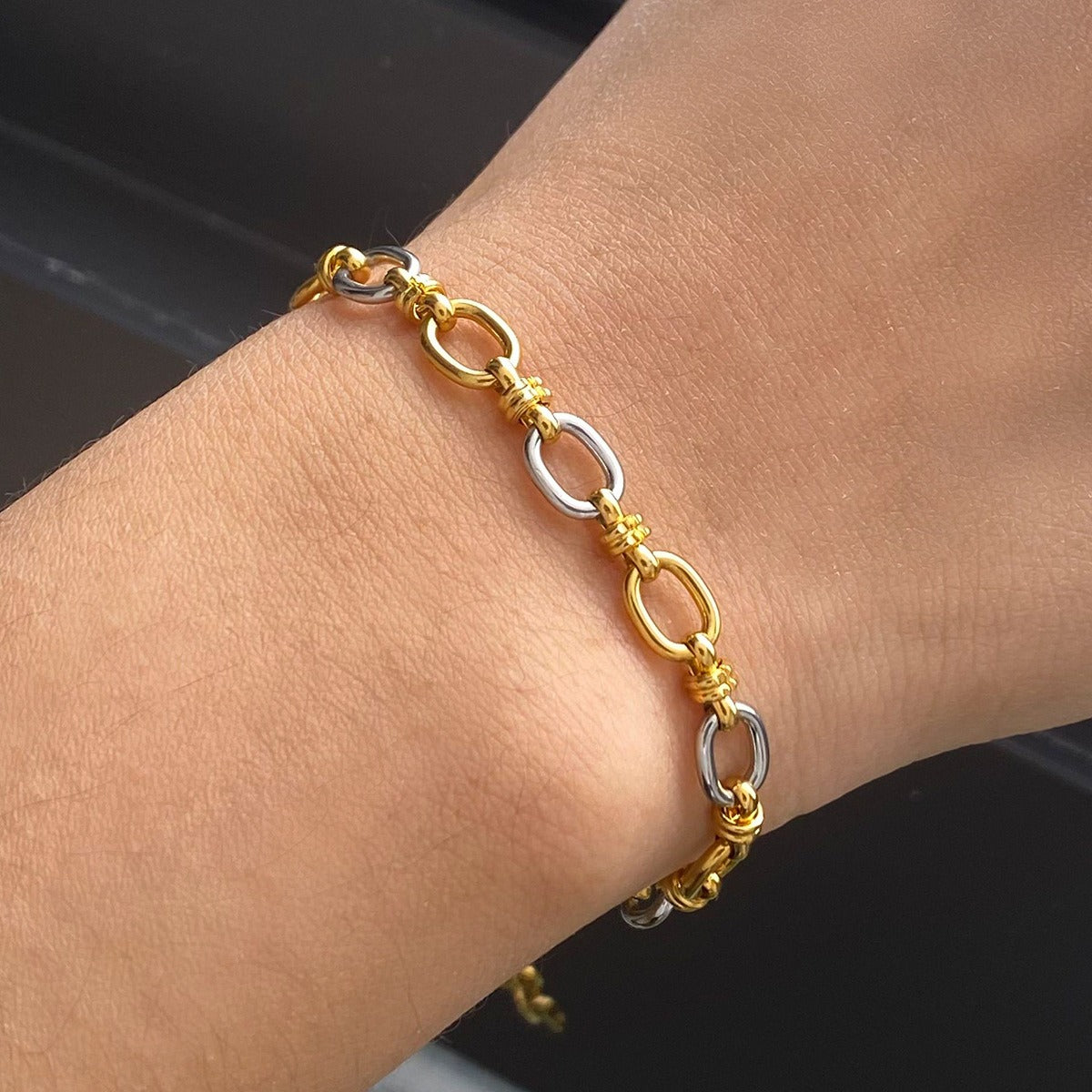 Kaze Two-Tone Chain Necklace &amp; Bracelet Set | 18K Gold Silver Colour-Block Chain Set