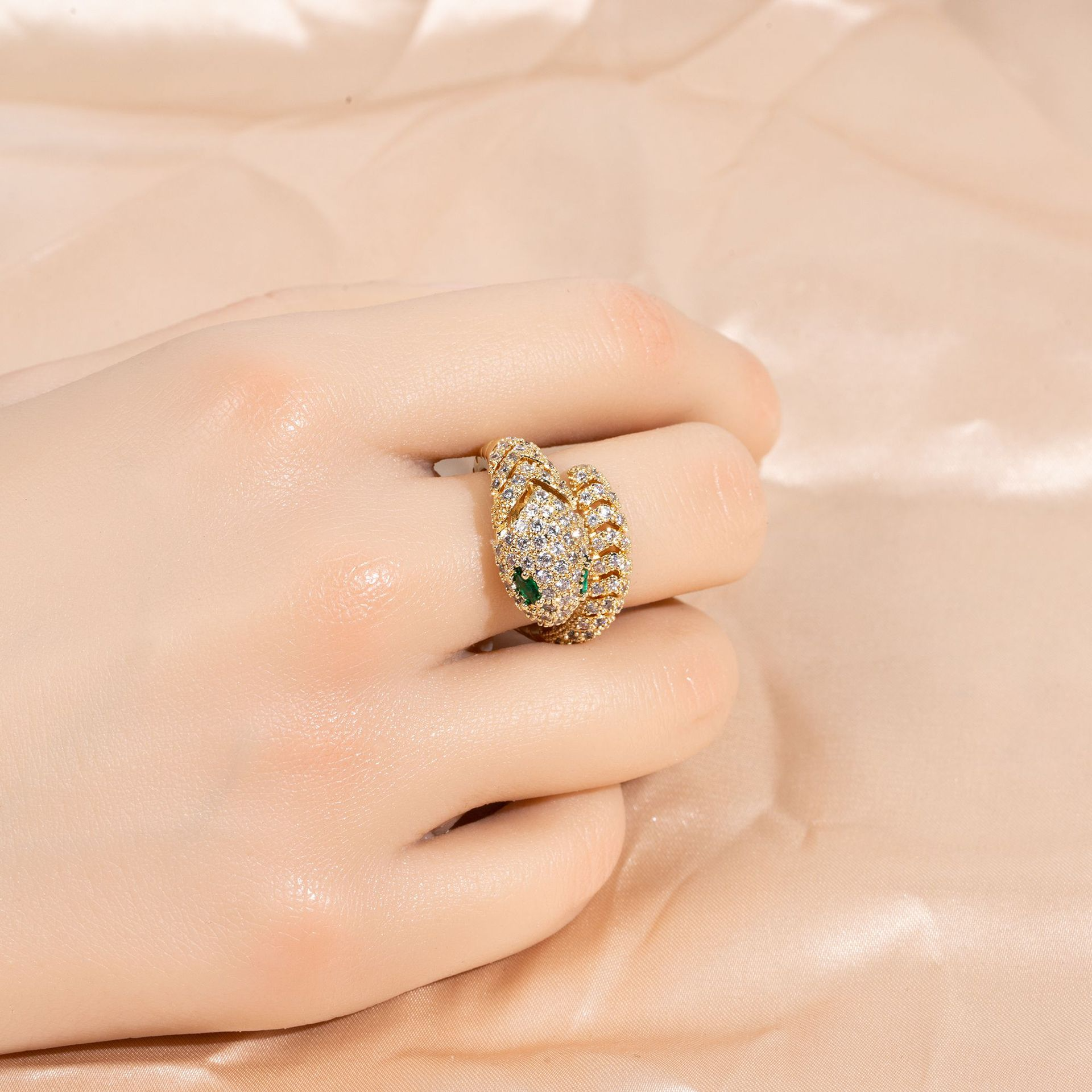 Adjustable Open-Band Snake Ring with Cubic Zirconia Inlay