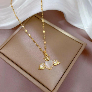 Kaze Micro-Inlaid Opal Angel Heart Pendant Necklace | Titanium Steel Light Luxury Necklace