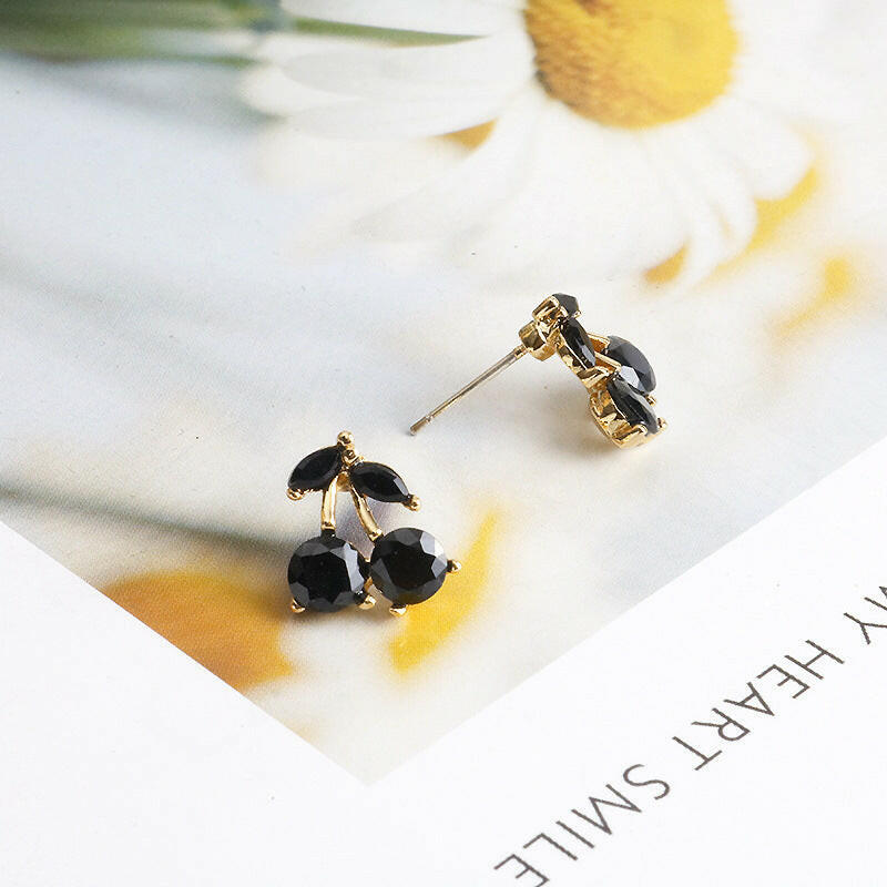 Kaze Cute Cherry Drop Earrings | Black Alloy Gemstone Charm Earrings for Women