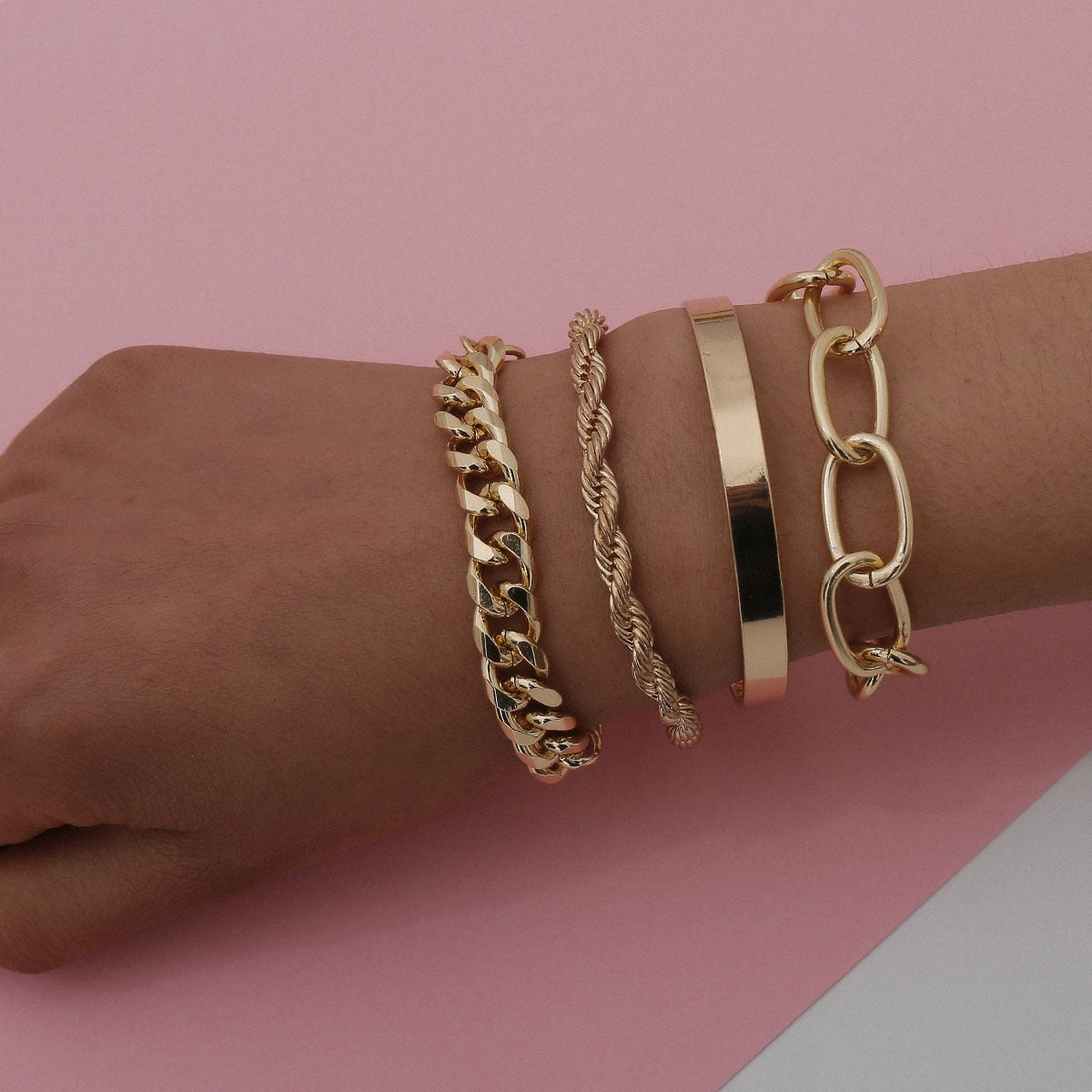 Kaze C-Shape Mixed Twist Chain Bangle | 18K Gold S925 Silver Open Bracelet in Gold &amp; Silver