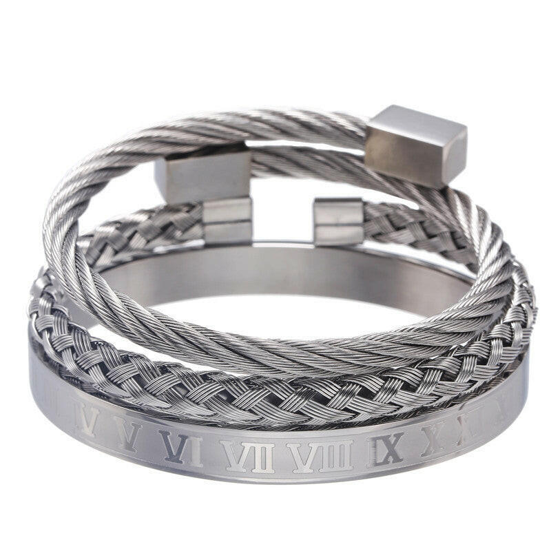 Kaze Set of 3 Unisex Geometric Stainless Steel Bracelets | Gold, Silver &amp; Black Stacking Bracelet Set Silver