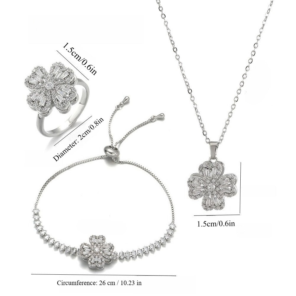 Kaze Rotating Heart-Shaped Zircon Necklace, Ring &amp; Bracelet Set | S925 Silver Spinner Jewellery