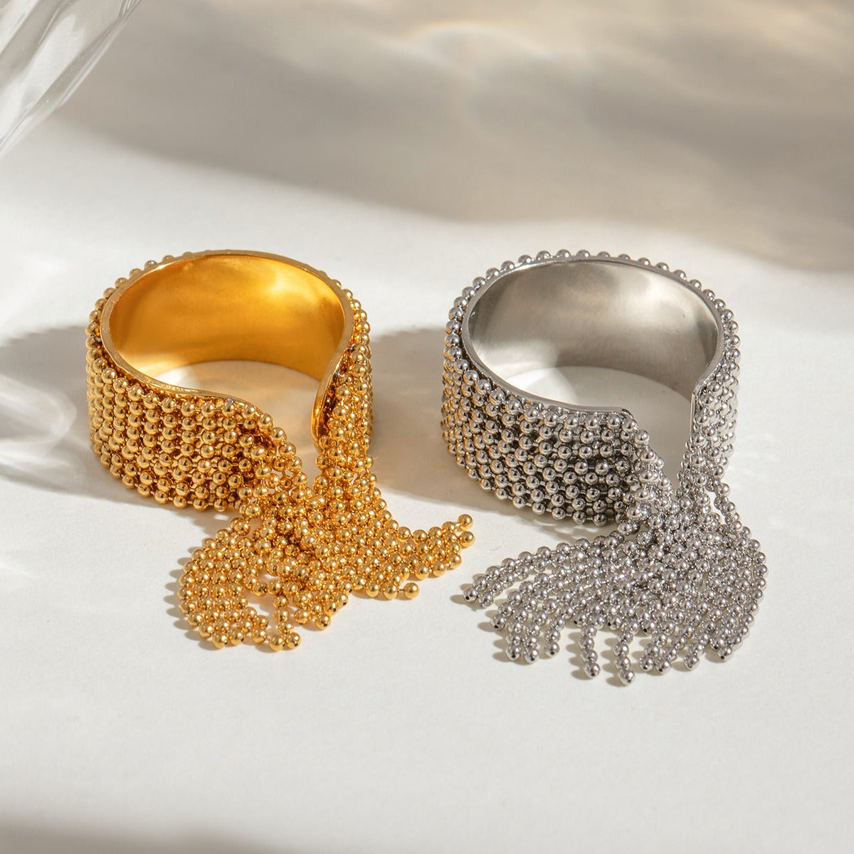Kaze Round Bead Tassel Design Ring | 18K Gold Elegant Adjustable Ring in Gold &amp; Silver