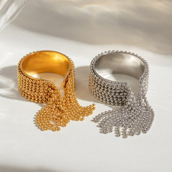 Kaze Round Bead Tassel Design Ring | 18K Gold Elegant Adjustable Ring in Gold &amp; Silver