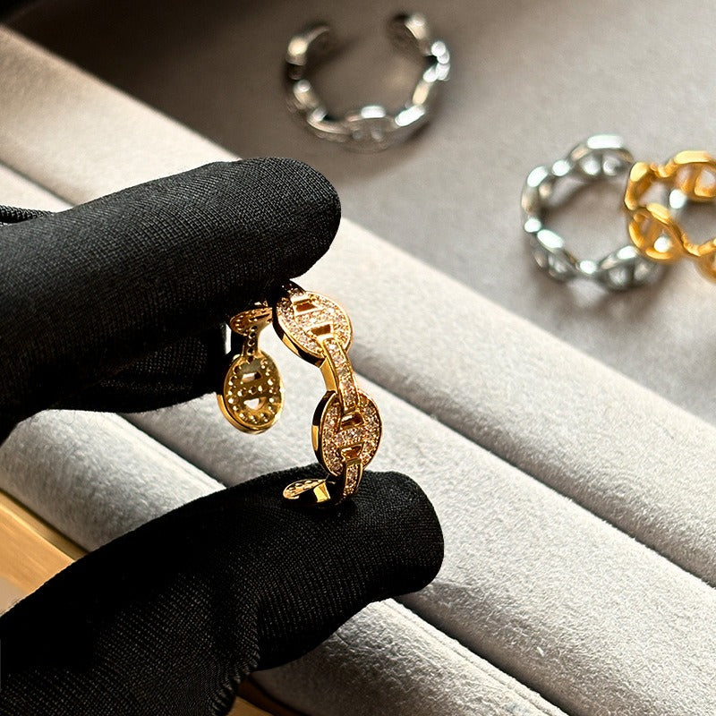 Kaze Pig Nose Rhinestone Open Adjustable Ring | 18K Gold S925 Silver Ring in Diamond &amp; Smooth Variants
