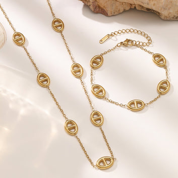 Kaze 18K Gold Pig Nose Necklace and Bracelet Set | Titanium Steel Charm Set in 3 Variants