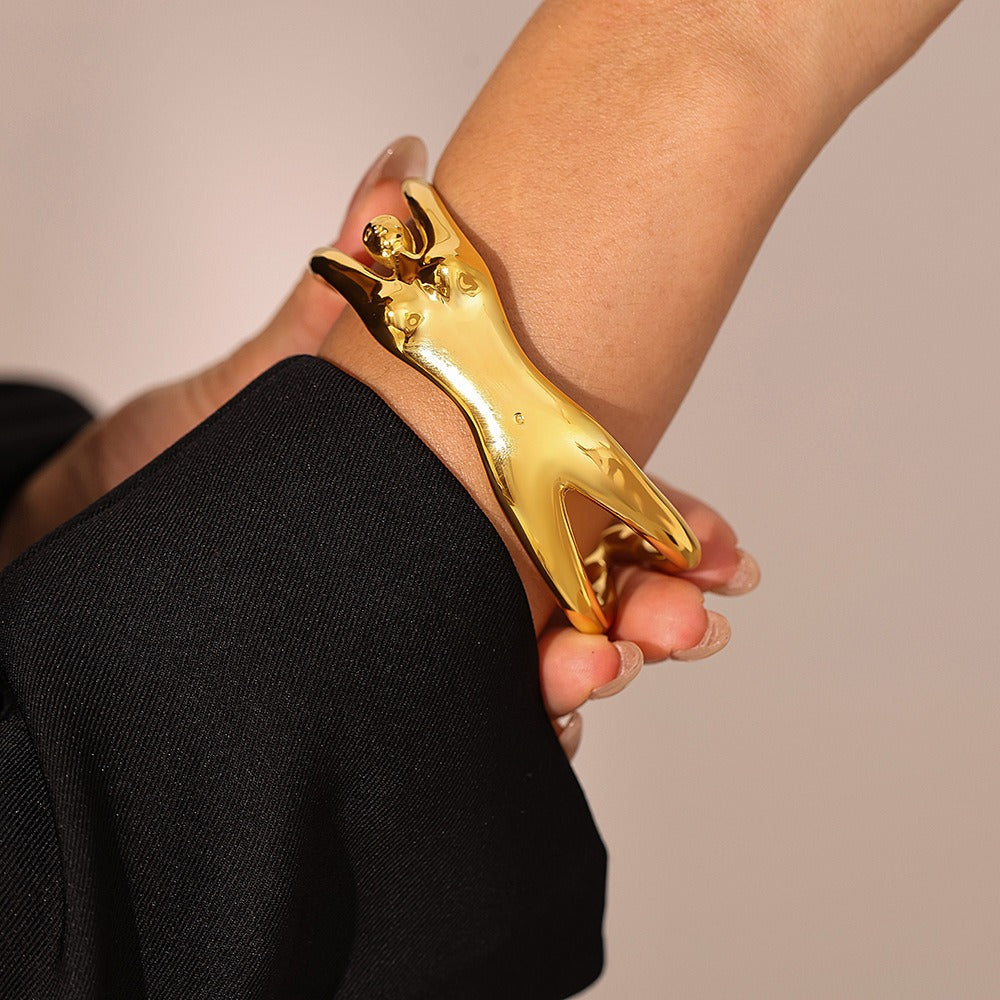 Kaze Body Contour Open Bangle | 18K Gold Sculptural Artistic Bracelet in Gold &amp; Silver