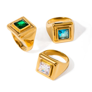Kaze Simple Elegant Square Gemstone Ring | 18K Gold Ring in White, Green &amp; Blue Size 7