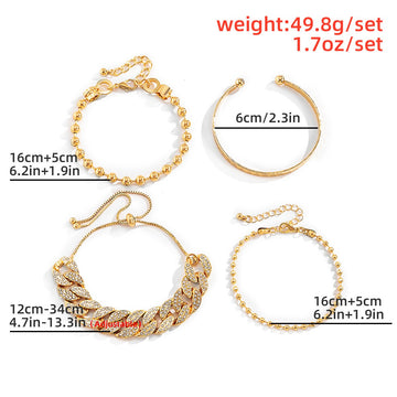 Kaze Diamond-Encrusted Cuban Clasp and Hip-Hop Round Bead Chain Bracelet Set | 18K Gold Statement Bracelet