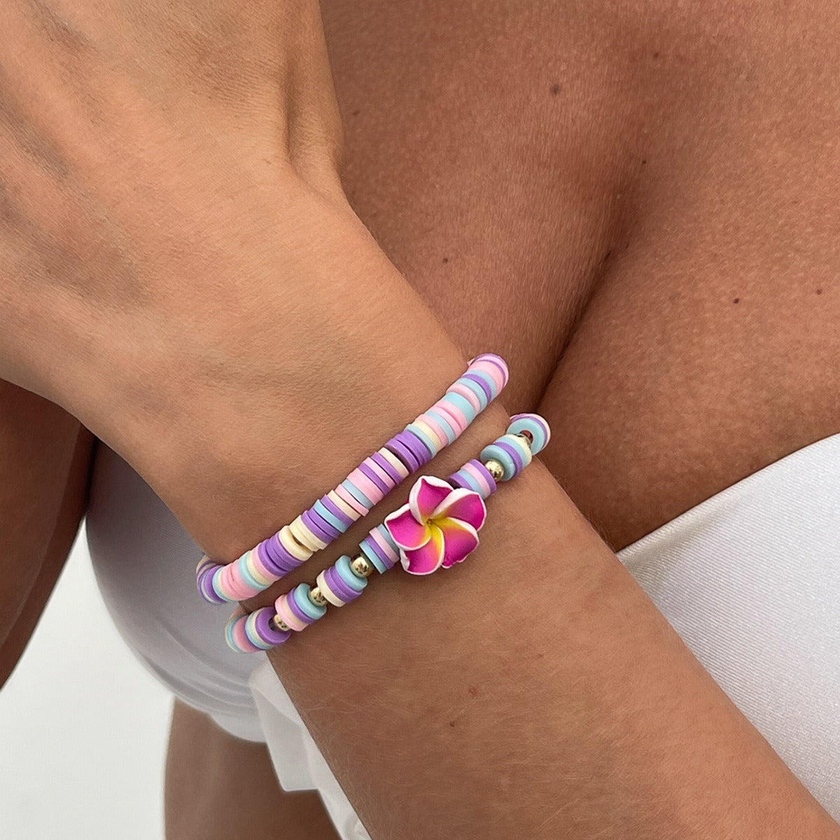 Kaze Bohemian Polymer Clay Flower Stretch Bracelet | Boho Floral Bead Bracelet in 4 Colours Mixed color 2-piece set34