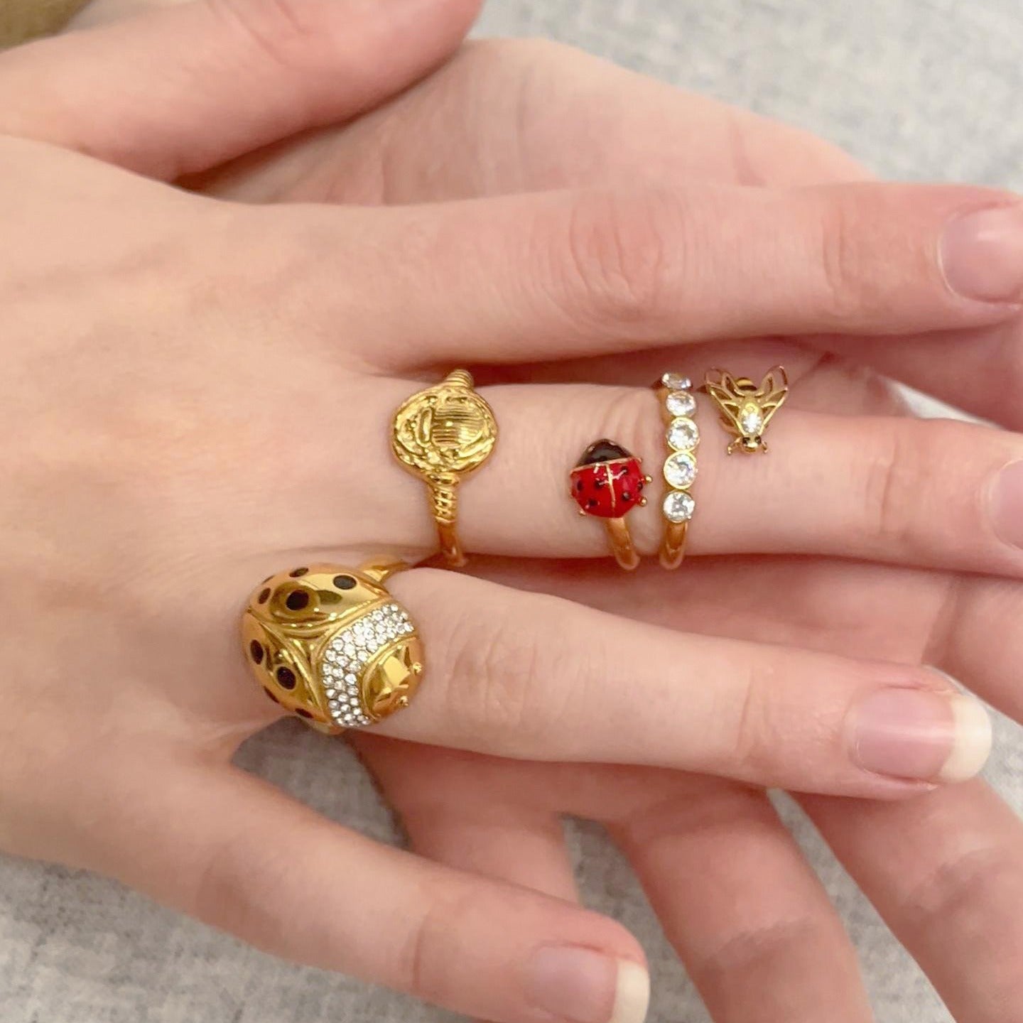 Kaze Ladybug Zircon Titanium Steel Ring | 18K Gold Lucky Charm Ring in Ring A, B &amp; C
