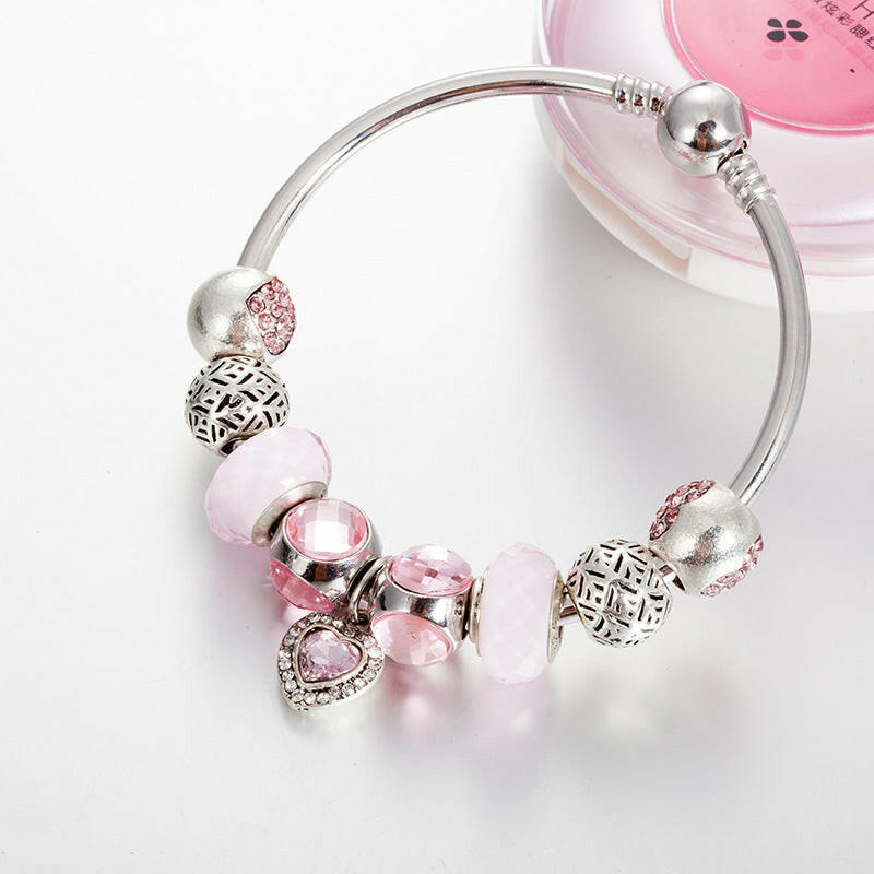 Kaze DIY Peach Heart Pendant Beaded Bracelet | Adjustable Snake Chain Bracelet in Pink