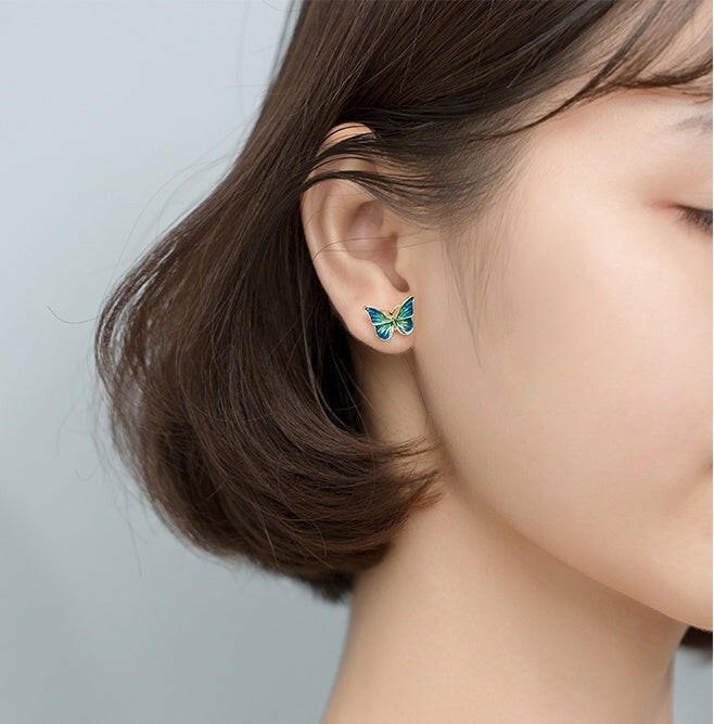 Kaze 925 Sterling Silver Blue Butterfly Stud Earrings | Hypoallergenic Butterfly Earrings in Green &amp; Blue