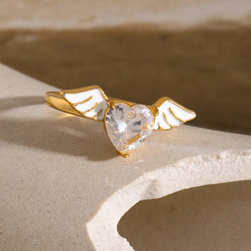 Kaze Angel Wings Heart Gemstone Ring | 18K Gold Adjustable Ring for Women