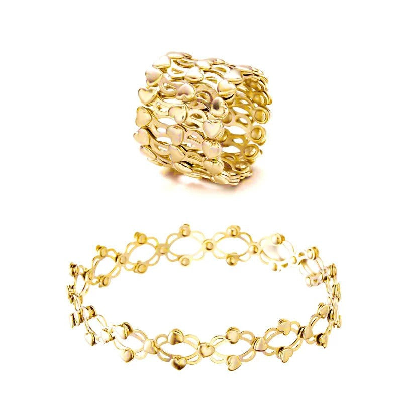 Kaze Retractable Diamond-Studded Bracelet and Ring Set | 18K Gold Innovative Jewellery Set in 5 Styles Style J-Love heart-Gold Adjustable