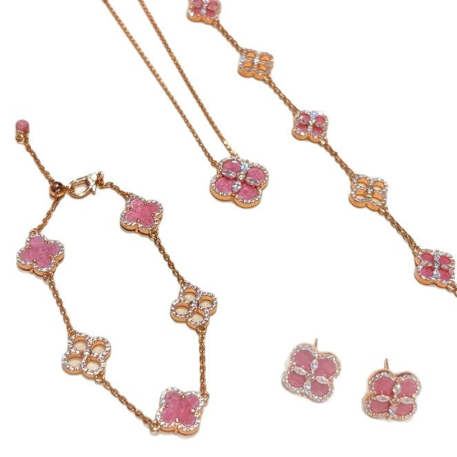 Kaze Pink Four-Leaf Clover Crystal Jewellery Set | Bracelet, Necklace &amp; Earrings with Crystal Accents