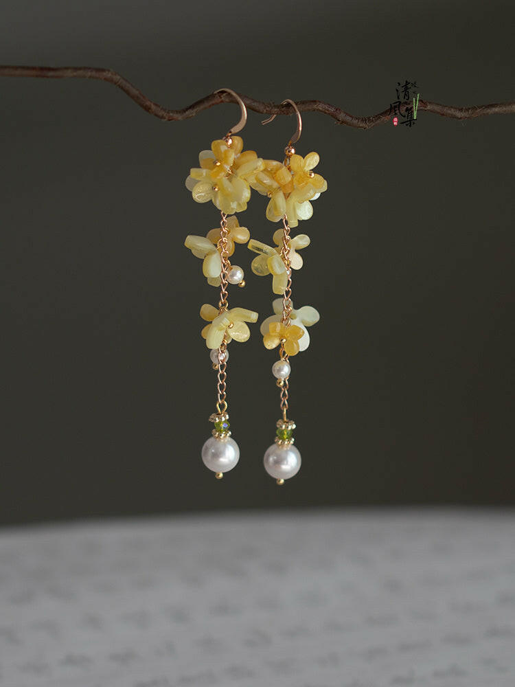Kaze Cheongsam-Inspired Flower Tassel Earrings | Hydrangea Gold &amp; Silver Earrings in Hook &amp; Clip Styles
