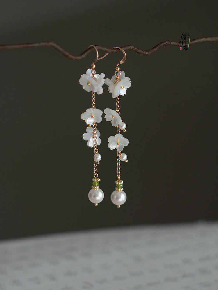 Kaze Cheongsam-Inspired Flower Tassel Earrings | Hydrangea Gold &amp; Silver Earrings in Hook &amp; Clip Styles