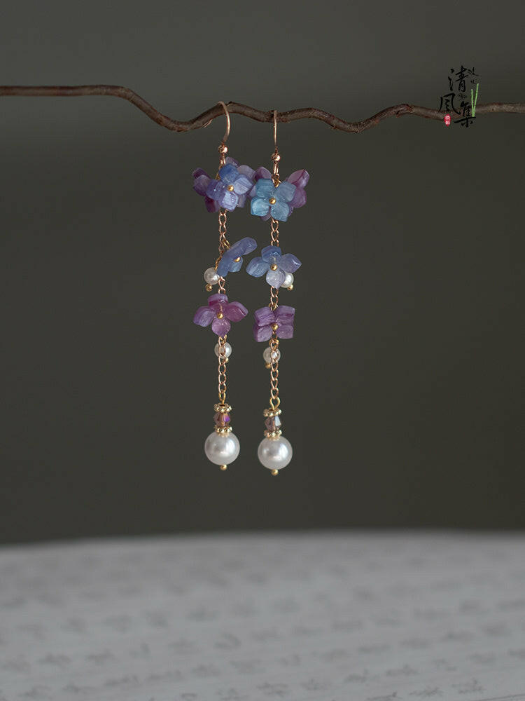 Kaze Cheongsam-Inspired Flower Tassel Earrings | Hydrangea Gold &amp; Silver Earrings in Hook &amp; Clip Styles