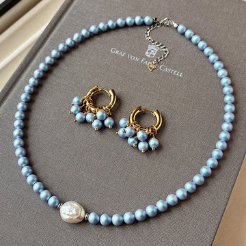 Kaze Iridescent Blue Pearl Jewellery Set | Freshwater Pearl Necklace, Bracelet &amp; Earrings
