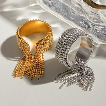 Kaze Round Bead Tassel Design Ring | 18K Gold Elegant Adjustable Ring in Gold &amp; Silver