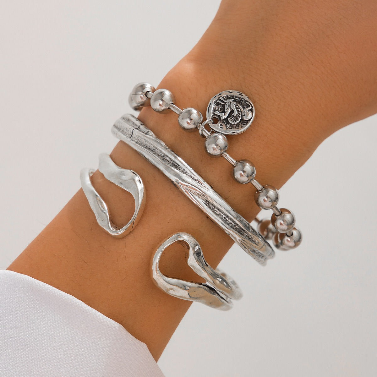 Kaze Double Loop Hollow Spring Cuff Bracelet | Punk Style Round Bead Pendant Stacking Bracelet Only