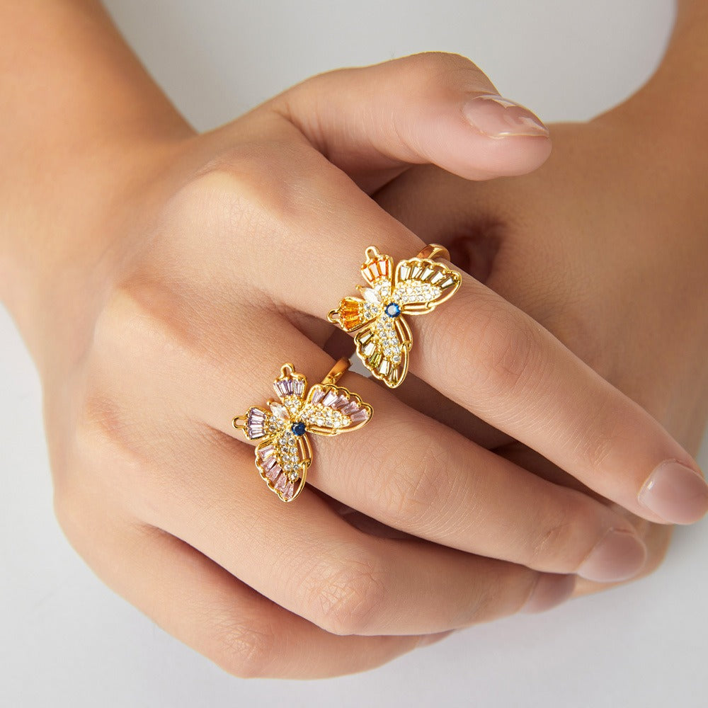 Kaze Butterfly Diamond Ring | 18K Gold Adjustable Ring in Orange &amp; Pink