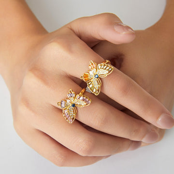 Kaze Butterfly Diamond Ring | 18K Gold Adjustable Ring in Orange &amp; Pink
