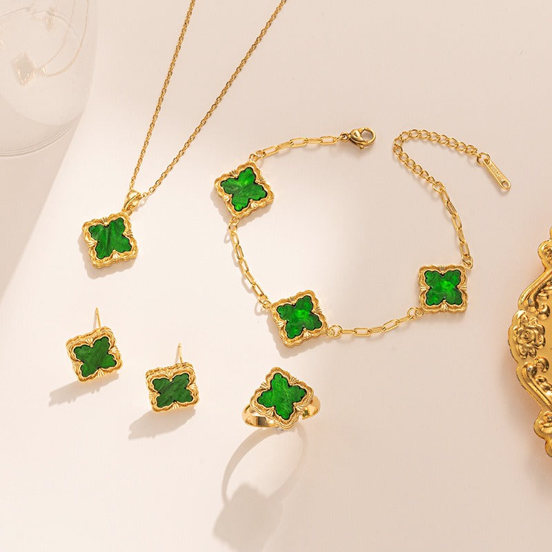 Kaze Four-Leaf Clover Jewellery Set | 18K Gold Necklace, Bracelet, Earrings &amp; Ring