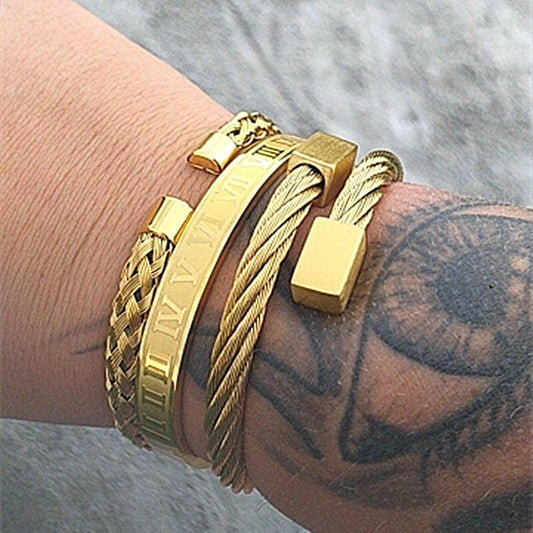 Kaze Set of 3 Unisex Geometric Stainless Steel Bracelets | Gold, Silver &amp; Black Stacking Bracelet Set