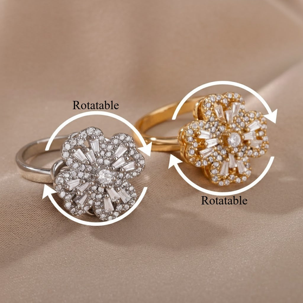 Kaze Rotatable Zircon Flower Stress-Relief Ring | 18K Gold Titanium Spinner Ring in 10 Styles Ring E Adjustable