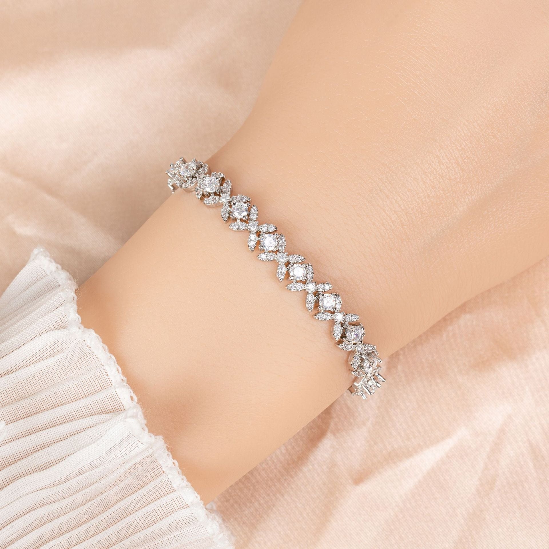 Kaze Small Cross Cubic Zirconia Bracelet | S925 Sterling Silver Cross Bracelet White on white background