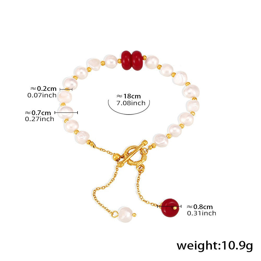 Kaze OT Buckle Natural Pearl Bracelet | 18K Gold Pearl Bracelet in 4 Colours Red