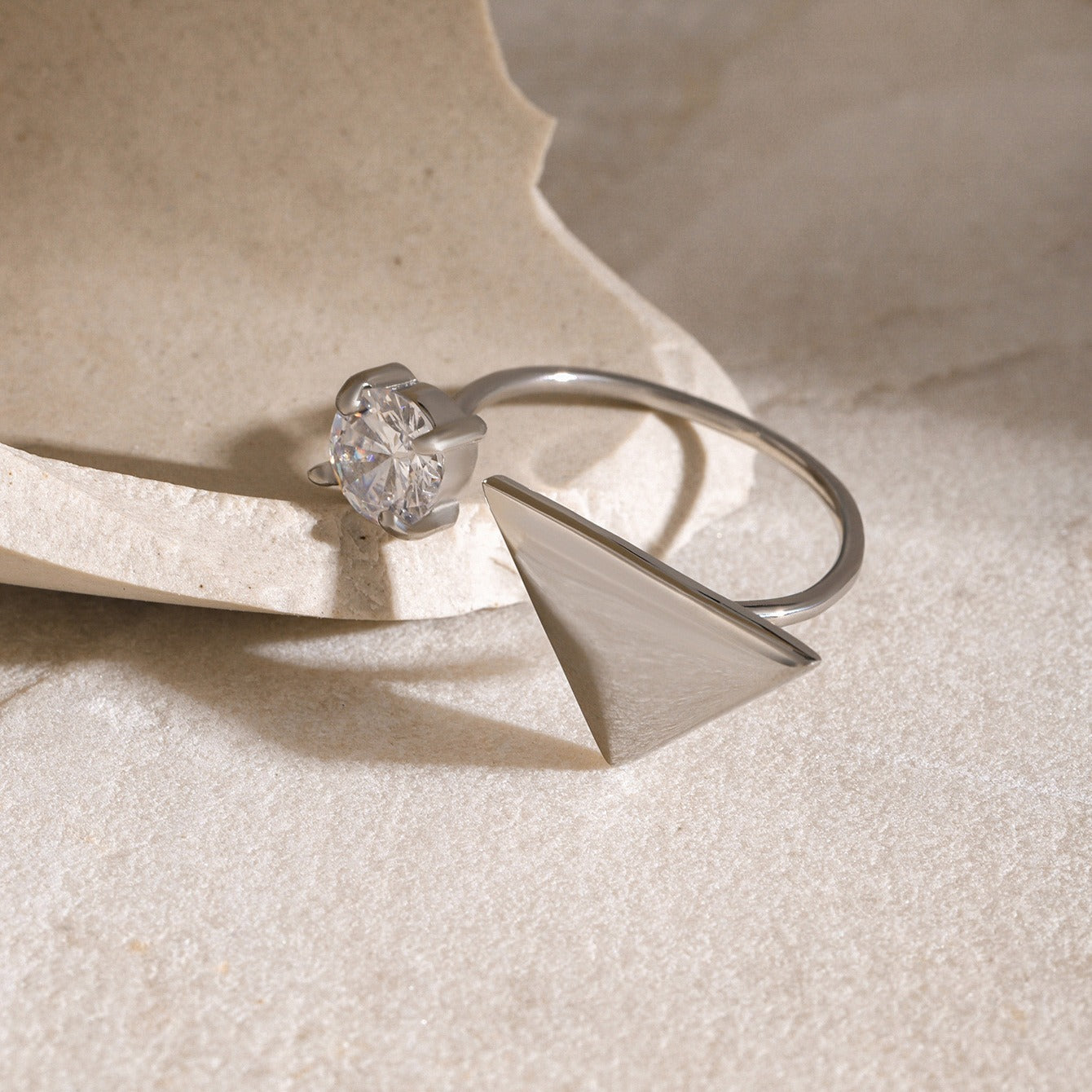 Kaze Triangle with Round Gemstone Open Ring | 18K Gold Geometric Ring in Gold &amp; Silver