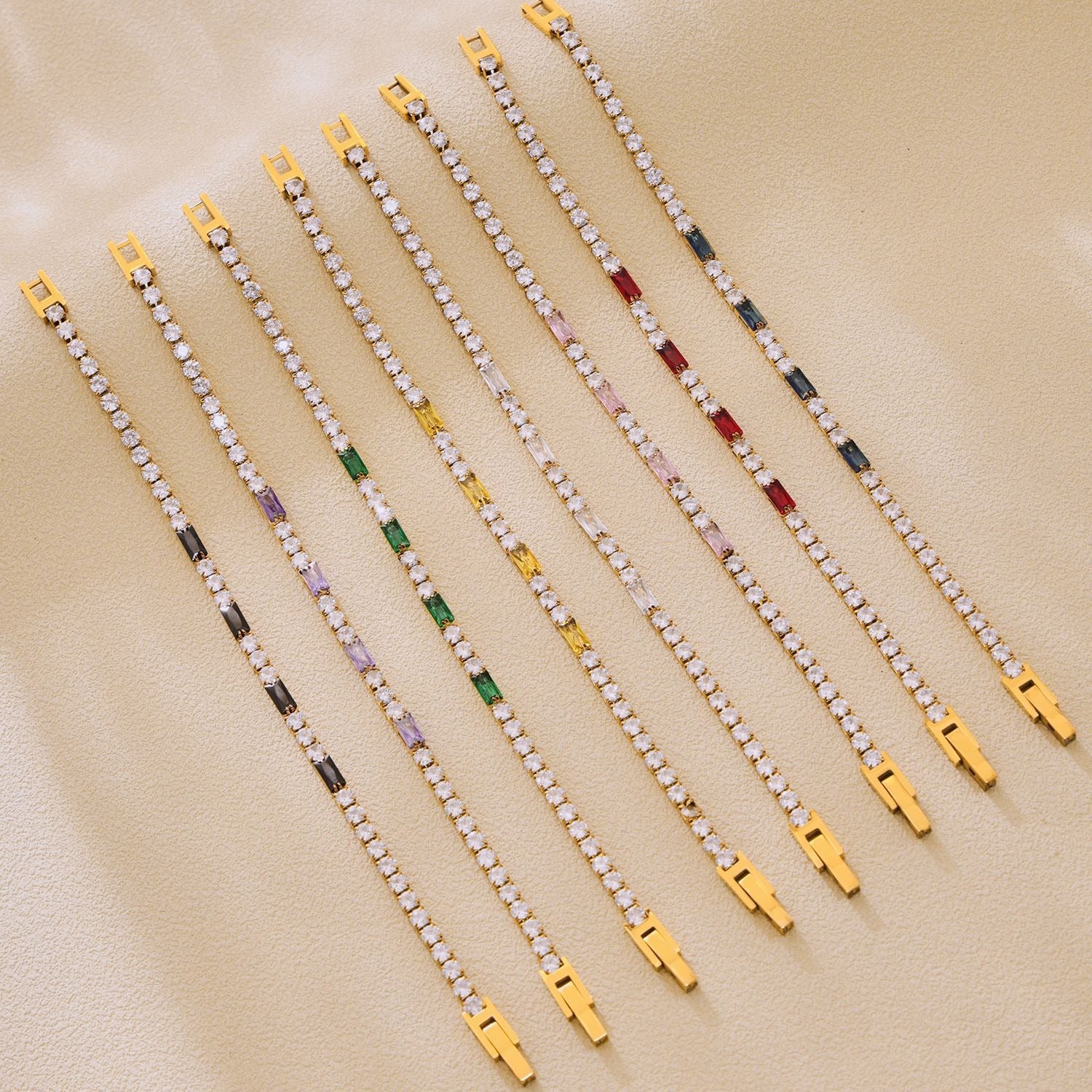 Kaze Rectangular &amp; Round Gemstone Luxury Bracelet | 18K Gold Bracelet in 8 Colour Variants